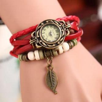 leaf watch, leaf leather watch, red bracelet watch, leather watch, bracelet watch, vintage watch, retro watch, woman watch, lady watch, girl watch, unisex watch, AP00145