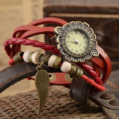 Feather watch, feather leather watch, red bracelet watch, leather watch, bracelet watch, vintage watch, retro watch, woman watch, lady watch, girl watch, unisex watch, AP00355