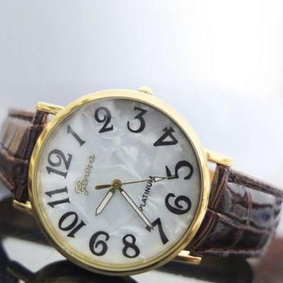 Shell face leather watch, dark brown watch, leather watch, bracelet watch, vintage watch, retro watch, woman watch, lady watch, girl watch, unisex watch, AP00378