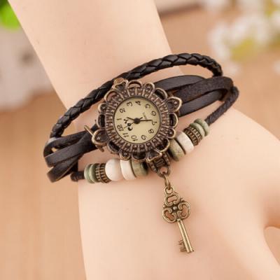 Key watch, key leather watch, black bracelet watch, leather watch, bracelet watch, vintage watch, retro watch, woman watch, lady watch, girl watch, unisex watch, AP00397