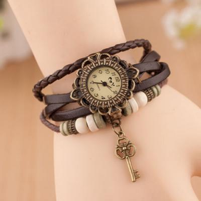 Key watch, key leather watch, dark brown bracelet watch, leather watch, bracelet watch, vintage watch, retro watch, woman watch, lady watch, girl watch, unisex watch, AP00400