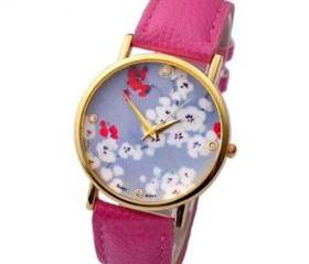 Flower Watch, Flower Leather Watch, Floral Watch, Leather Watch ...